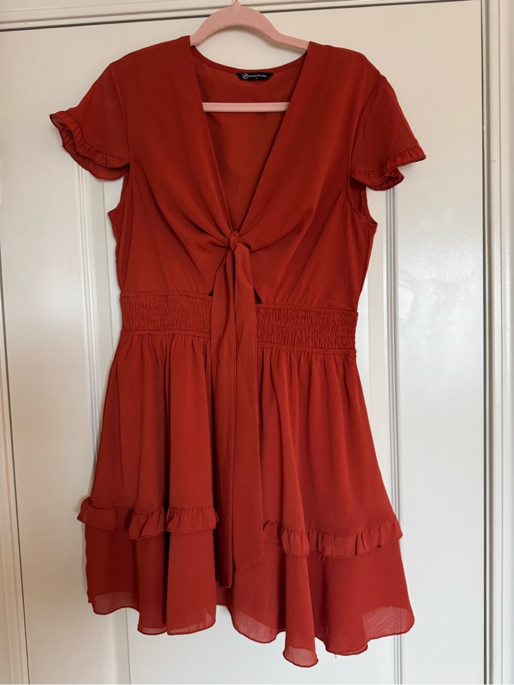 Rust Tie-Front Mini Dress with Smocked Waist